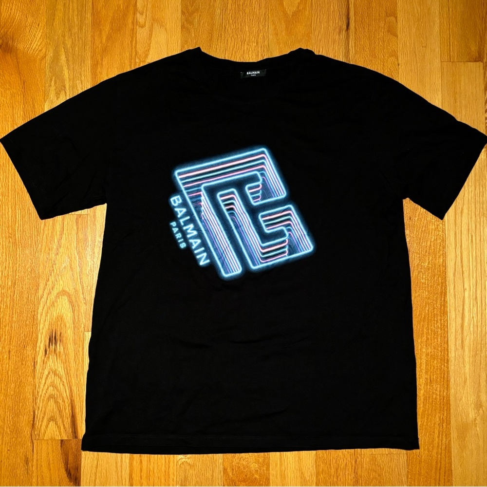 Balmain Black Tee with Blue and Red Logo